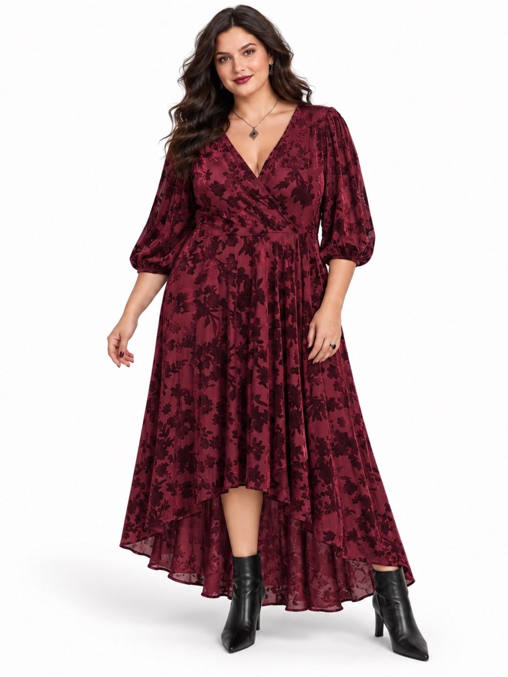 CALVIN KLEIN Size 16 Burgundy Velvet Burnout Floral Maxi Dress Whimsigoth Winter